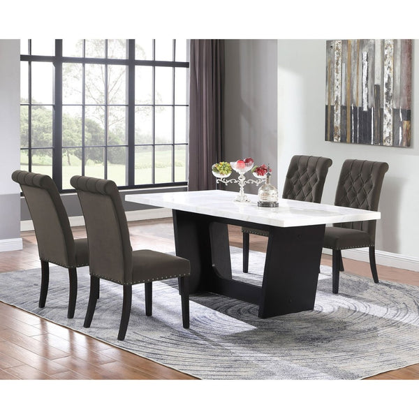 English Elm Yorba Marble Top Trestle Dining Set with Tufted Velvet Chairs for Modern Spaces B062S01667