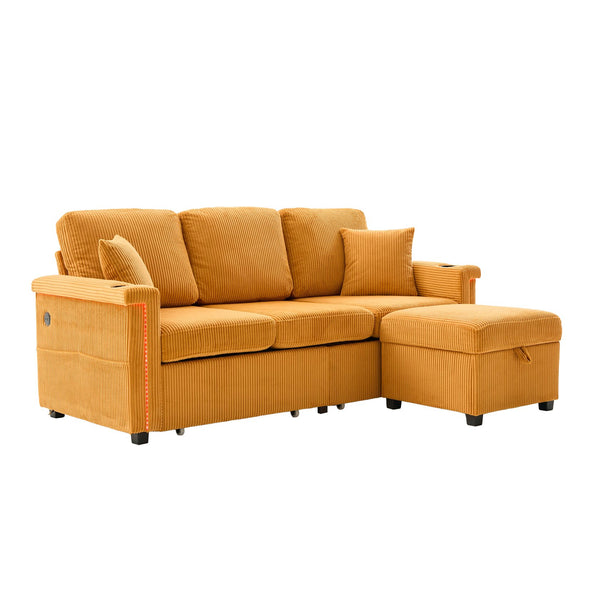 English Elm UNITED Corduroy L-Shaped Sectional Sofa with Storage Ottoman, USB Ports, Cup Holders & LED Lighting Mustard yellow W1568P332403