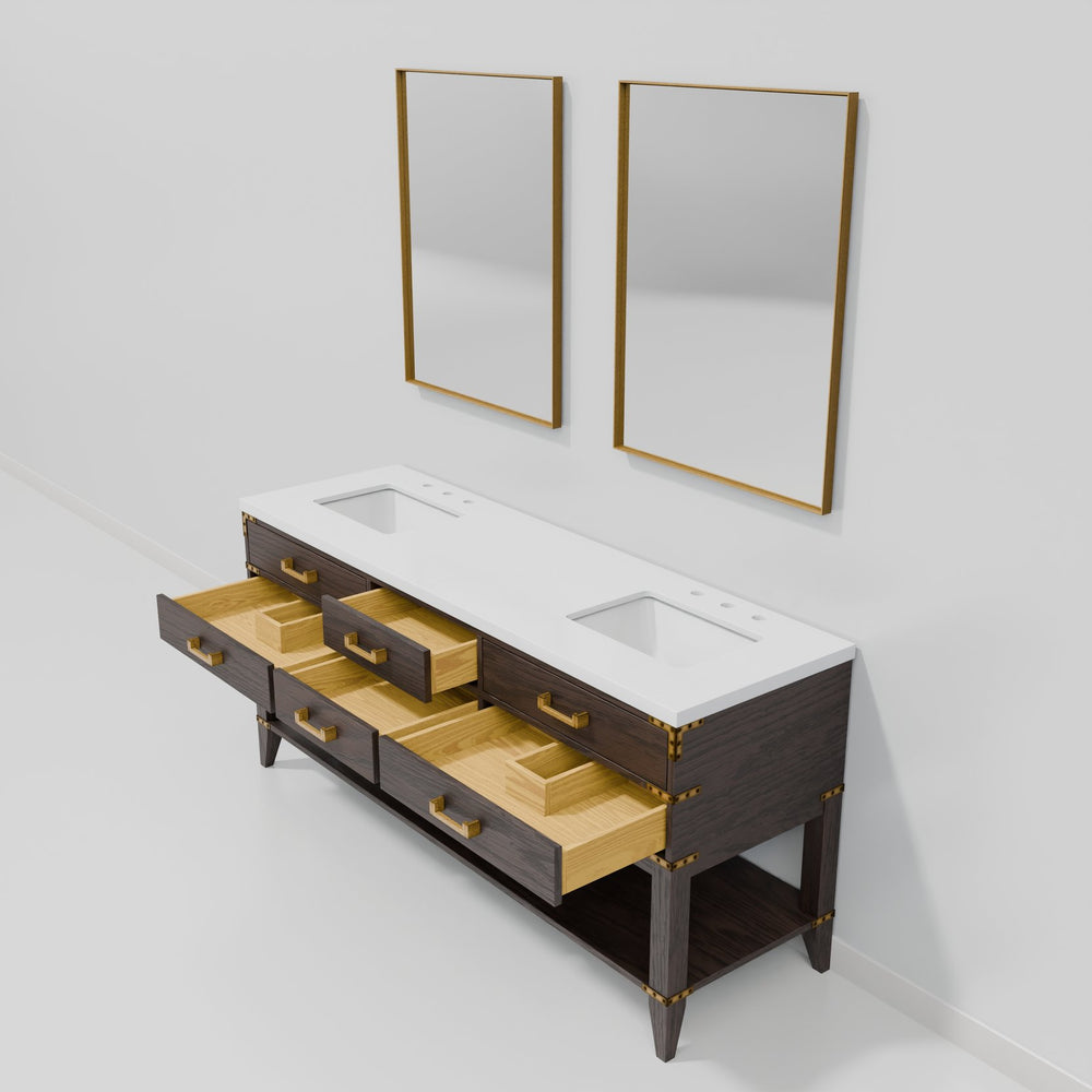 English Elm Brown Oak Double Bath Vanity With Cultured Marble Top, 72" W, 4 Soft-Close Drawers & 2 Mirrors B2731S01642