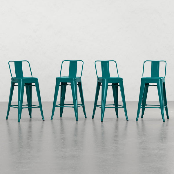 English Elm Keeley 24-Inch Metal Counter Stool Set of 4 with Curved Back, Footrest & Durable Powder-Coat Finish Teal Blue B2732P253604