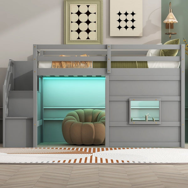 English Elm Twin Loft Bed Pinewood Frame with Storage Staircase Led Lighting and Window Cutout Gray GX000436AAE