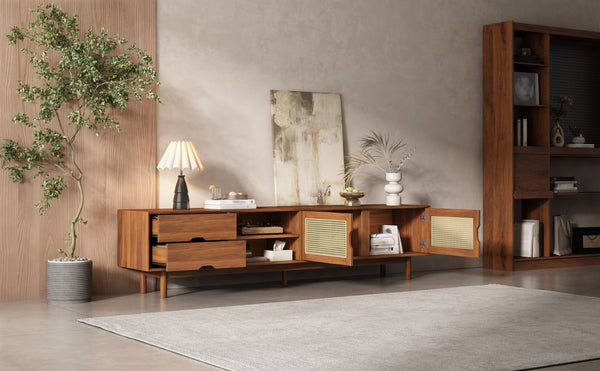 English Elm 78 Inch Rattan Media Console with Rubberwood Legs Walnut Finish Living Room Storage N710P407810P