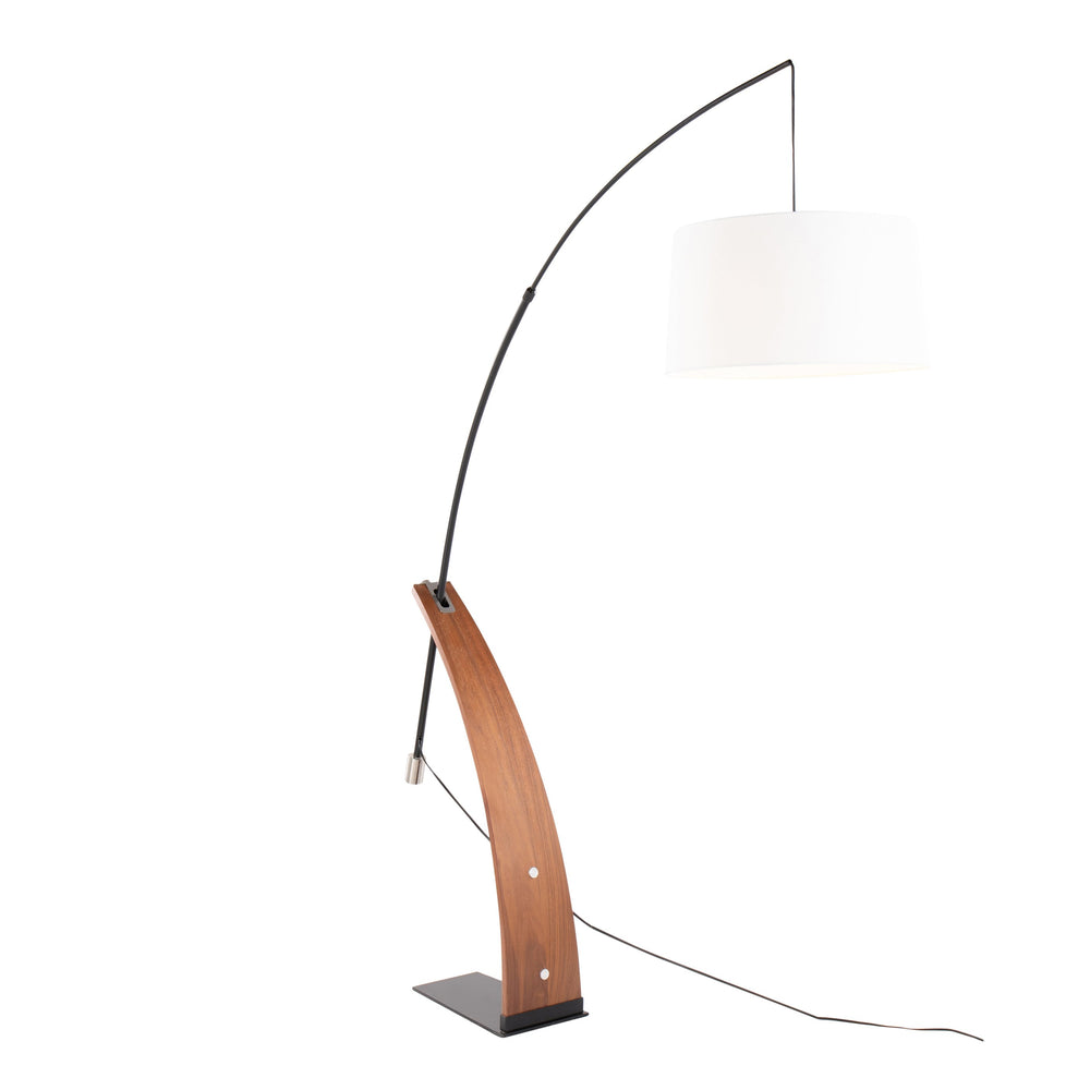 English Elm Robyn Mid-Century Floor Lamp — Walnut Bent Wood Accent, Black Metal Arch, White Linen Shade, LED Included B202S01359