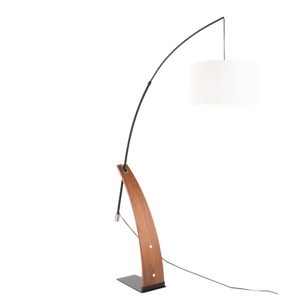 English Elm Robyn Mid-Century Floor Lamp — Walnut Bent Wood Accent, Black Metal Arch, White Linen Shade, LED Included B202S01359