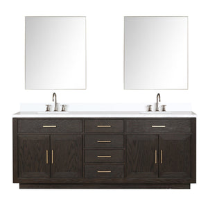 English Elm Brown Oak Double Bath Vanity 84" W, White Quartz Top, Chrome Faucets & 36" Mirrors For Elegance B2731S01815