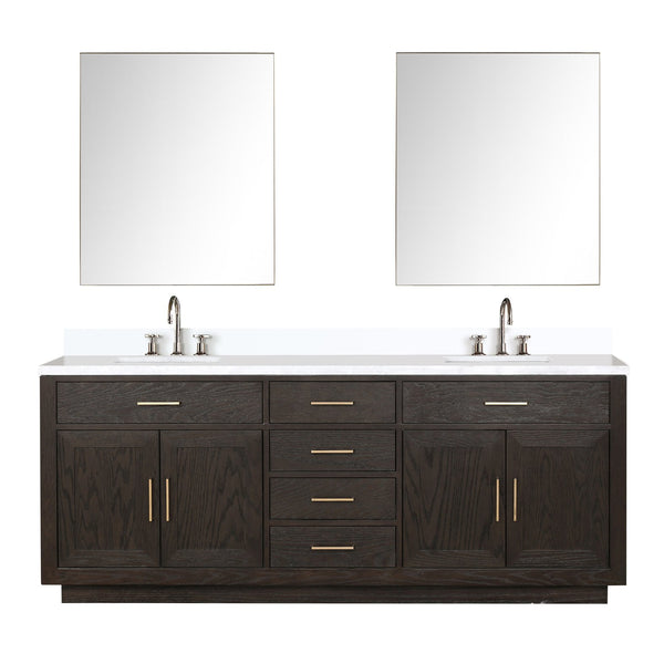 English Elm Brown Oak Double Bath Vanity 84" W, White Quartz Top, Chrome Faucets & 36" Mirrors For Elegance B2731S01815