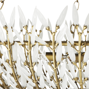 Magnum Opus Chandelier: Elegant Three-Tier Brass Fixture with Stunning White Glass Leaves Design