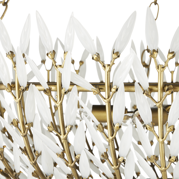 Magnum Opus Chandelier: Elegant Three-Tier Brass Fixture with Stunning White Glass Leaves Design