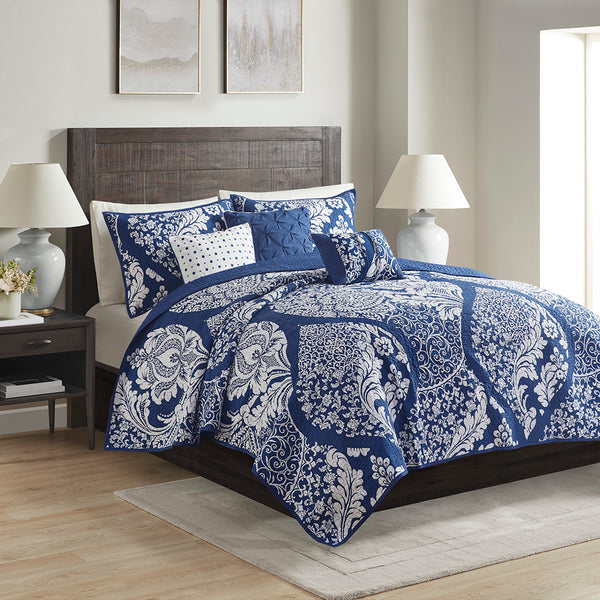 JLA Home Madison Park - 6 Madison Park Vienna Cotton Sateen Quilt Set — Reversible Damask Design with 3 Embroidered Accent Pillows Indigo MP13-5579