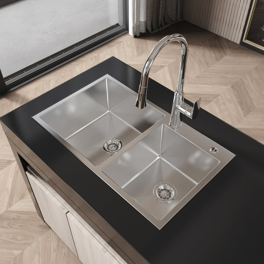 English Elm Stainless Steel Double Bowl Overmount Kitchen Sink with Nano Gray Satin Brushed Finish T3177P286041