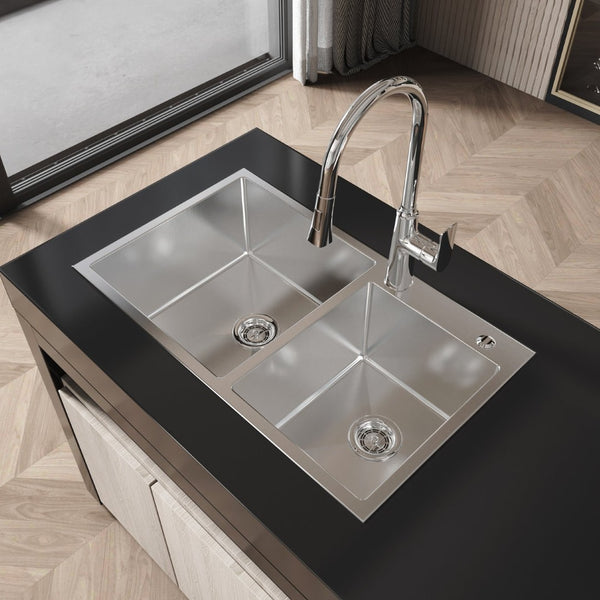 English Elm Stainless Steel Double Bowl Overmount Kitchen Sink with Nano Gray Satin Brushed Finish T3177P286041