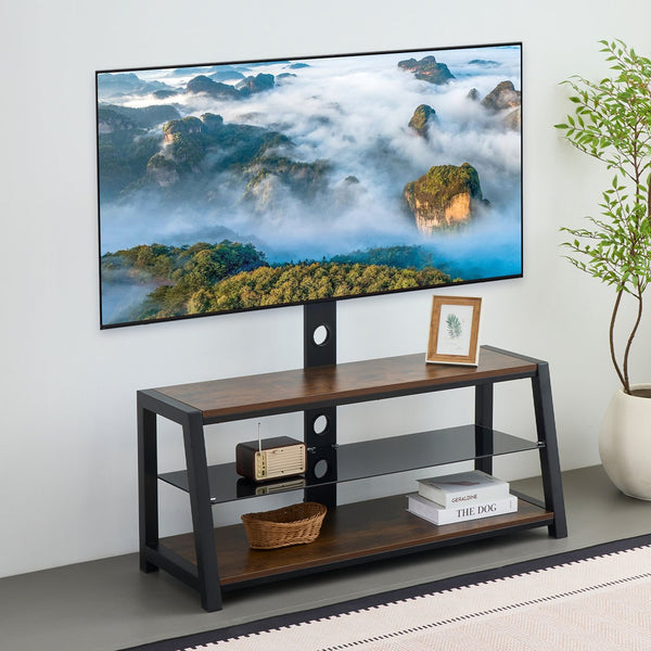 English Elm Wooden Tempered Glass TV Stand with Swivel Mount, 3-Tier Storage, Height Adjustable, Cable Management Acacia Wood W241P300329