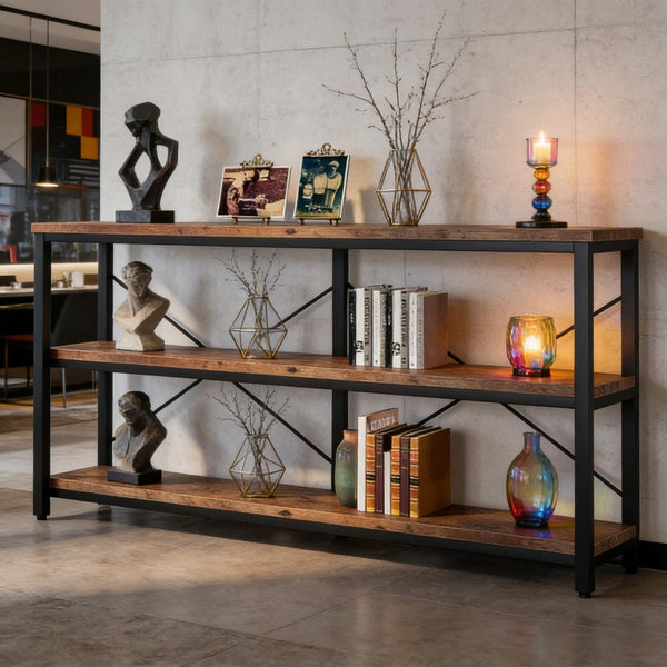 English Elm Hall Console Table Industrial Rustic Two Tier Wood Tone Metal Frame Entryway Sofa T3971P453148