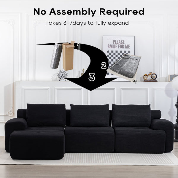 English Elm L-Shaped Convertible Sectional Sofa with Memory Foam, Steel Frame, No Assembly, Corduroy Comfort Black W2959S00016