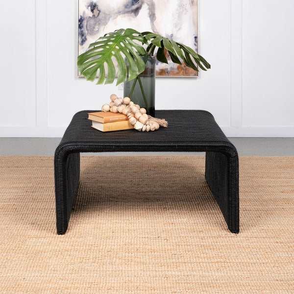 English Elm Woods Glossy Black Woven Rattan Square Coffee Table — Modern Light Silhouette, Casual Elegance & Texture B062P358427
