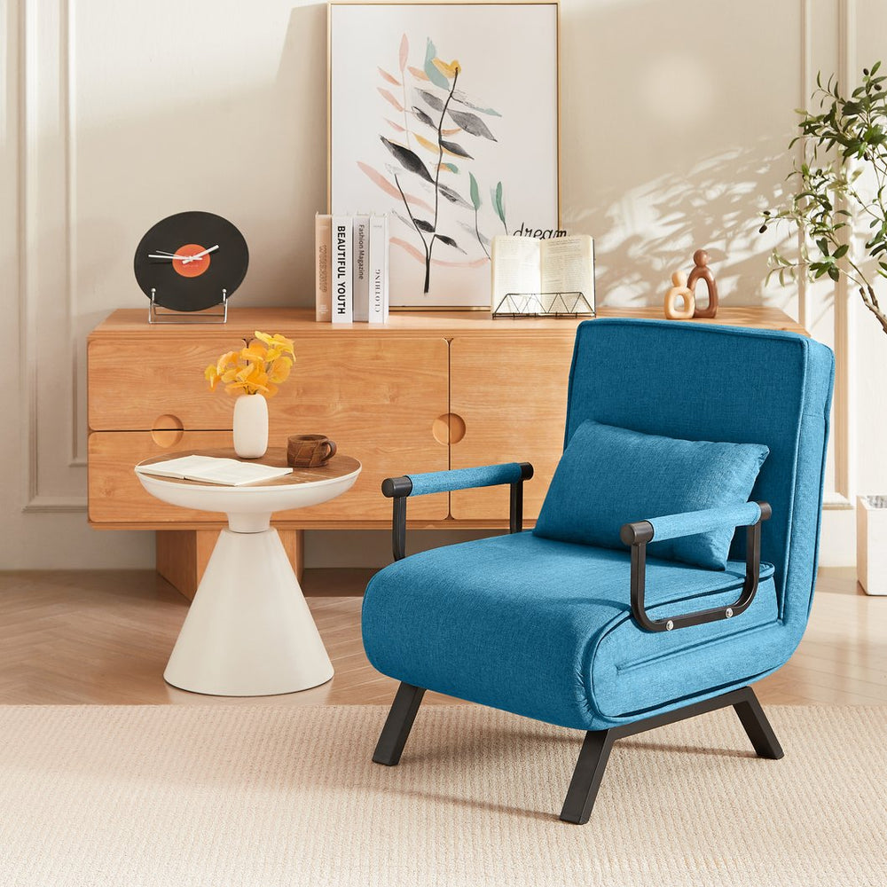 English Elm Convertible Chair Bed Sleeper 5-in-1 Folding Futon Sofa for Adults, Linen Upholstery, 5-Position Recline, Removable Arms, 450lb Capacity, Machine-Wash Cover — Blue W1359P211935