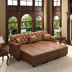 English Elm 82.6"upholstered Faux Leather Chesterfield Sofa Button Tufted Nailhead Mid-century Living Room Brown W1885S00431
