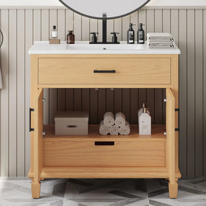 English Elm Christopher Knight Home® - 36" Rattan Bathroom Vanity with Ceramic Sink and Soft-Close Drawers, Handwoven Door Texture, Solid Wood Legs, Spacious Storage Elegance Natural N817P271077N