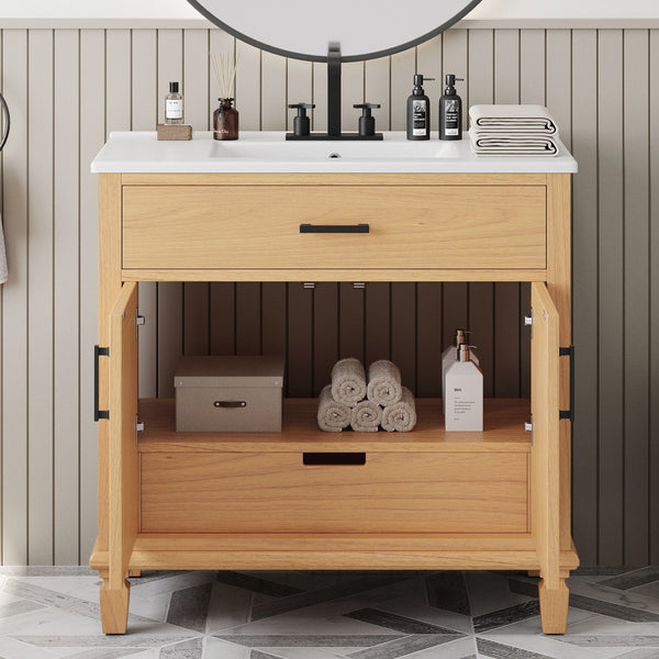 English Elm Christopher Knight Home® - 36" Rattan Bathroom Vanity with Ceramic Sink and Soft-Close Drawers, Handwoven Door Texture, Solid Wood Legs, Spacious Storage Elegance Natural N817P271077N