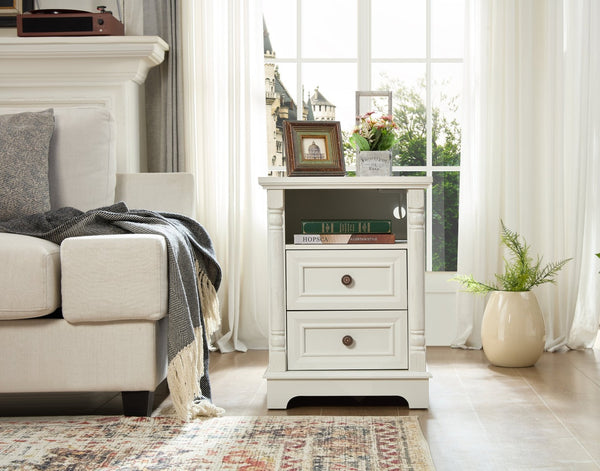 English Elm Farmhouse Rustic Nightstand with Built-in Charging Station Barn Wood Grain Storage White W2393P324429