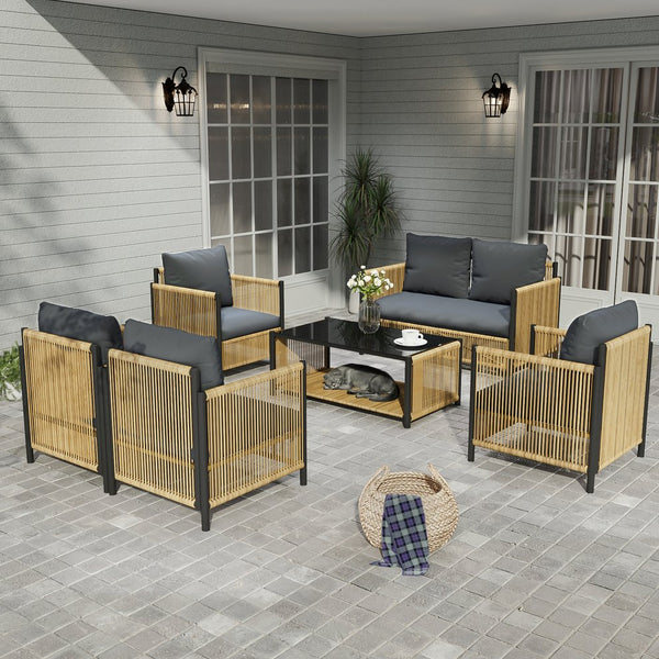 English Elm New 6-Piece Brown Pe Wicker Outdoor Sofa Set With Grey Cushions - Durable, Stylish, And Comfortable! W400S00048