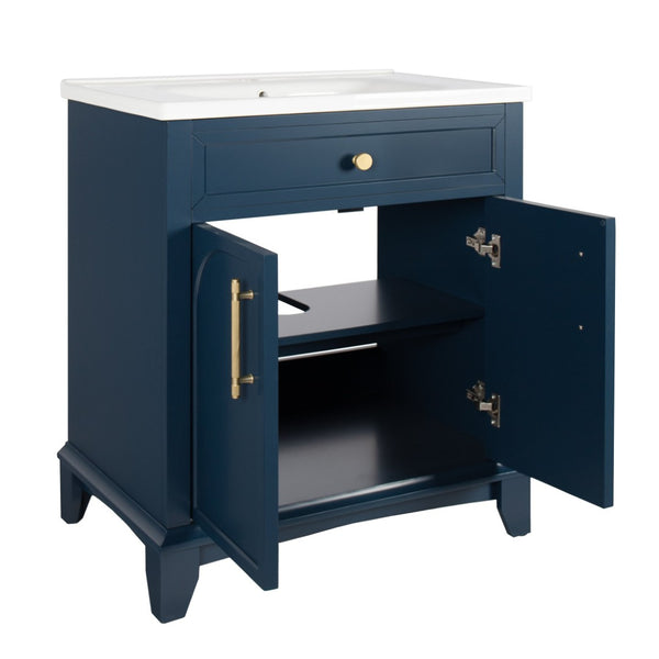 English Elm 27.8" Mid-century Freestanding Bathroom Vanity with Ceramic Sink Drawer and Wood Base Blue W1801S00005