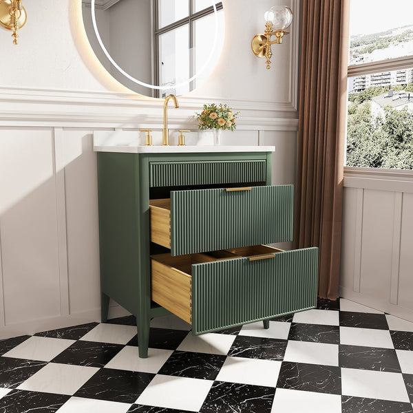 English Elm Fully Assembled 30'' Green Bathroom Vanity With Solid Wood & Engineered Marble Top - Elegant Storage Solution W1826P308974