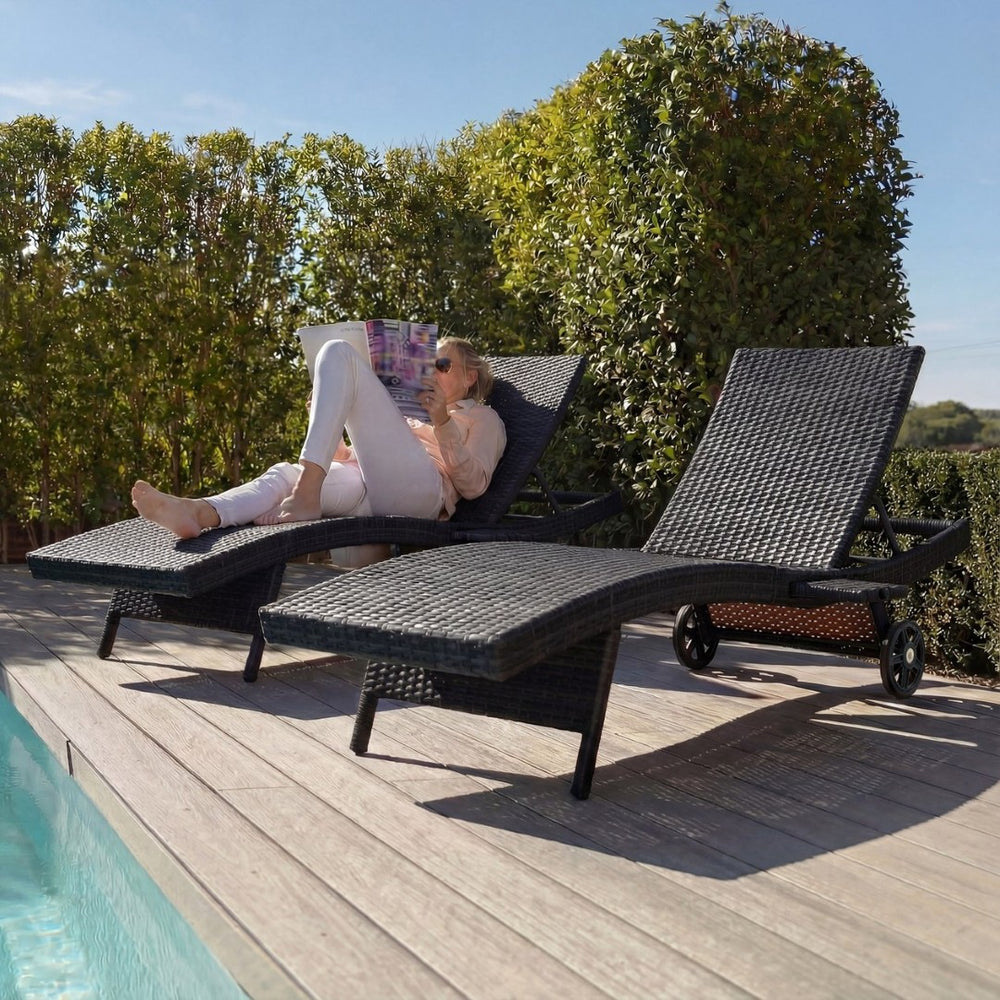 English Elm K&k Outdoor Wicker Reclining Chaise Set 2 Piece with Pull Out Tray Rolling Wheels Black+Brown N707P395515D