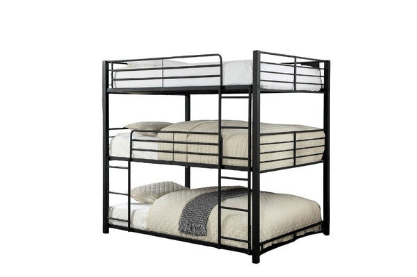 English Elm Full Triple Decker Bed with Two Ladders, Metal Guard Rails & Sturdy Full Metal Frame in Sand Black Finish B2741S00346