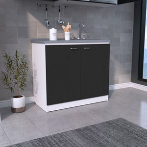 English Elm Freestanding Sink Cabinet With Double Doors, 2 Shelves, Stylish White & Black Finish For Storage B097S00140