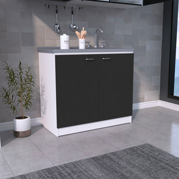 English Elm Freestanding Sink Cabinet With Double Doors, 2 Shelves, Stylish White & Black Finish For Storage B097S00140