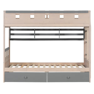 English Elm Twin Castle Bunk Bed with Led Lighting Built-in Shelf and Storage Drawers for Kids Gray LT000158AAE