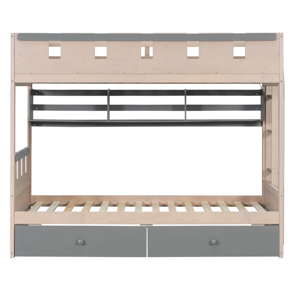 English Elm Twin Castle Bunk Bed with Led Lighting Built-in Shelf and Storage Drawers for Kids Gray LT000158AAE