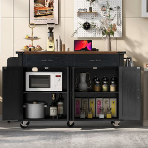 English Elm K&k Farmhouse Rolling Kitchen Island with Drop Leaf Power Outlets and Storage Cabinet Black N707S170348B