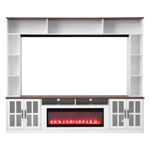 English Elm U-can Modern Farmhouse Wall Unit with Electric Fireplace Bookshelves and Glass Cabinet Doors White+Walnut SJ000153AAK