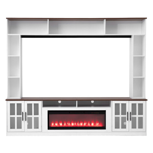 English Elm U-can Modern Farmhouse Wall Unit with Electric Fireplace Bookshelves and Glass Cabinet Doors White+Walnut SJ000153AAK