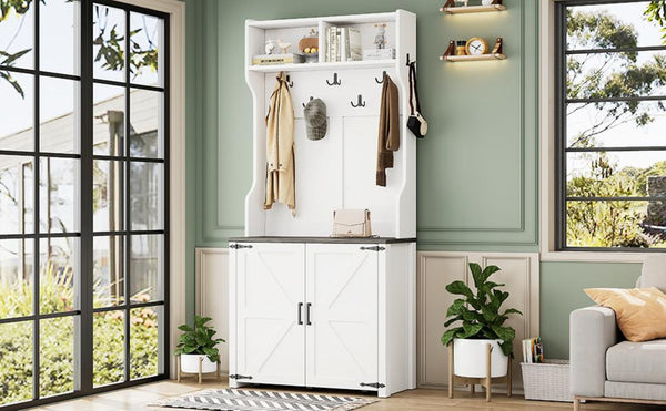 English Elm On-Trend Farmhouse 4-In-1 Hall Tree With Movable Bench, 7 Hooks, Shoe Storage & Barn Doors, White N721P205788K-GIGA