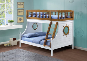 English Elm Farah Oak & White Twin/Full Bunk Bed with Fixed Ladder, Slat System, Beadboard Panels, 9" Clearance B2726S00496