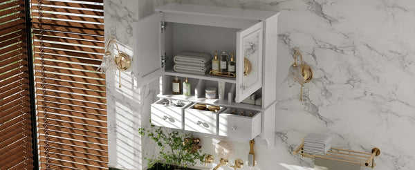 English Elm 4-in-1 Wall Mounted Bathroom Cabinet with Mirror Drawers and Towel Hooks Vanity White N710P405416K