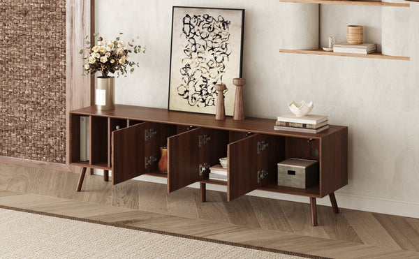 English Elm 68" Mid-century Walnut Media Console with Open Shelves and Soft-close Cabinet Storage N710P446195P