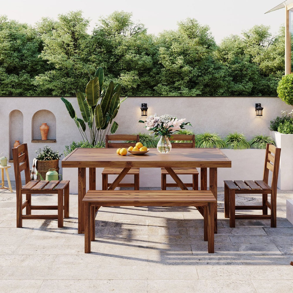 English Elm U_style Solid Acacia Six Piece Outdoor Dining Set for Patio Backyard Entertaining Brown WY000472AAE