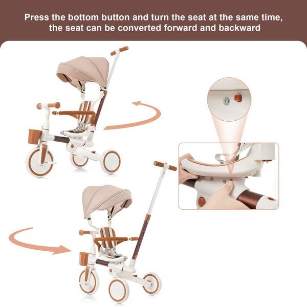 English Elm 7 in 1 Convertible Toddler Tricycle Aluminum Frame Push Trike with Rotating Seat Canopy Ivory N726P300636O