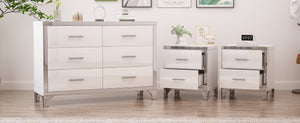 English Elm 3-Pieces Modern Dresser and Two Nightstands with Mirrored Trim, Metal Handles, Spacious Storage White 55.71 L x 19.29 W x 10.63 H N733S205355K