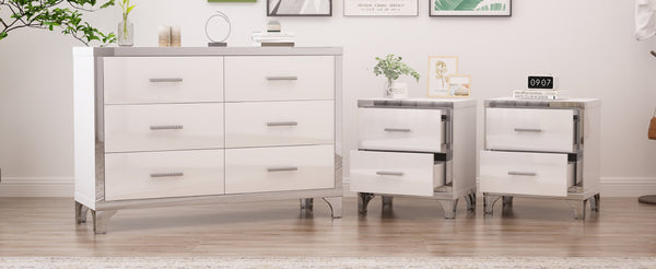English Elm 3-Pieces Modern Dresser and Two Nightstands with Mirrored Trim, Metal Handles, Spacious Storage White 55.71 L x 19.29 W x 10.63 H N733S205355K