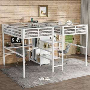 English Elm Twin Metal Loft Bed with Study Desk Wardrobe Shelving and Outlet for Kids Rooms W1580S00373