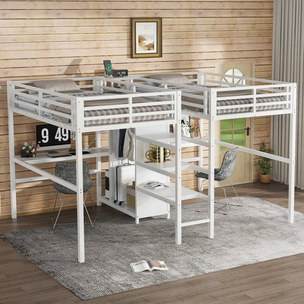 English Elm Twin Metal Loft Bed with Study Desk Wardrobe Shelving and Outlet for Kids Rooms W1580S00373