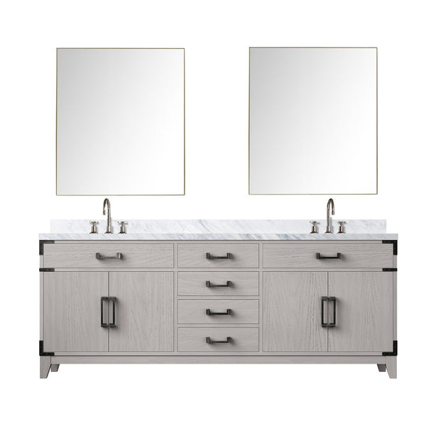English Elm White Oak Double Bath Vanity Set With Carrara Marble Top, Faucets, & Matching 36 In. Mirrors B2731S01872-GIGA