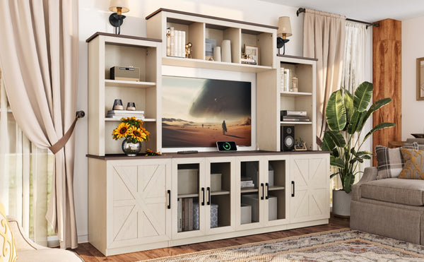 English Elm Wall Unit Entertainment Center with Built in Charging Mdf Media Console Open Shelving Beige W1580S00436