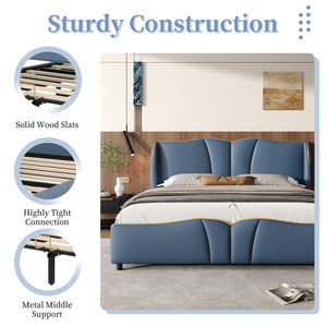 English Elm Christopher Knight Home® - King PU Leather Bed Frame with Wingback Headboard & Footboard, Gold Accents, Platform Slat Support, Elegant Design Antique Blue 85 L x 10 W x 3.25 H N761S0000017C