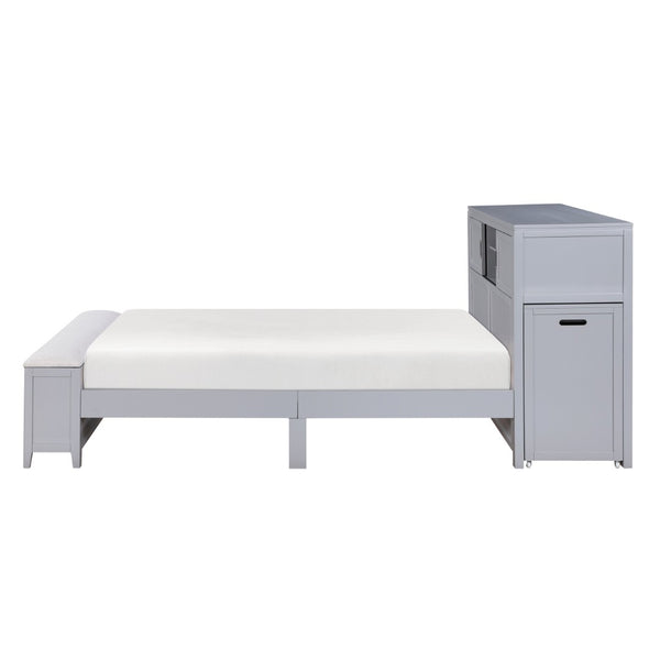 English Elm Gray Twin Platform Bed with Bookcase Headboard Hidden Desk Stool and Footboard Bench Gray B011S02323